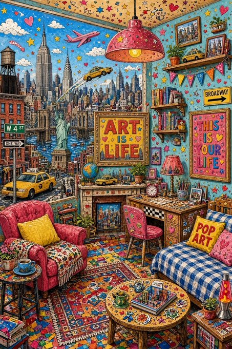 A colorful pop-art style illustration of a New York City-themed room featuring a window view of the skyline and Statue of Liberty, with framed signs reading "ART IS LIFE" and "THIS IS OUR LIFE," along with a "POP ART" pillow and various NYC memorabilia.