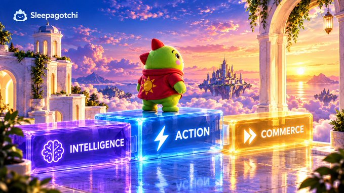 A digital illustration features a green dragon-like character standing on glowing platforms labeled 'INTELLIGENCE', 'ACTION', and 'COMMERCE' in a fantasy setting, with 'Sleepagotchi' branding in the corner.