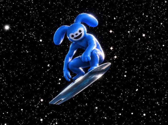 A 3D-rendered blue cartoon bunny character with a smiling white face surfing on a silver board through a starry outer space background.