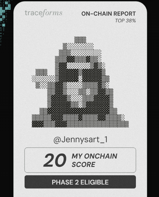 A 'traceforms ON-CHAIN REPORT' card shows 'TOP 38%' with a pixelated image, the handle '@Jennysart_1', a '20 MY ONCHAIN SCORE', and indicates 'PHASE 2 ELIGIBLE'.