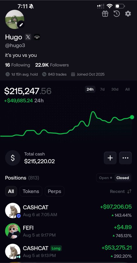A mobile screenshot of the trading profile "Hugo" (@hugo3) shows a total cash balance of $215,220.02 and a 24h gain of +$49,685.24, with a green upward-trending performance chart. The top closed positions include CASHCAT (+$97,206.05, +143.44%) and FEFI (+$4.89, +745.13%), visually demonstrating the profitable results of using his fomo.family/r/hugo3 referral code to support his claim of rewarding new users with "stimmy's."
