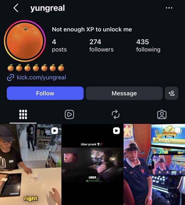 An Instagram profile screenshot for "yungreal" with an orange profile picture, bio reading "Not enough XP to unlock me," showing 4 posts, 274 followers, and 435 following, with a Kick link (kick.com/yungreal) and preview images of videos below. The profile promotes the user's request for Instagram followers and a 1 SOL giveaway, aligning with the post's call to action to gain more social media followers.