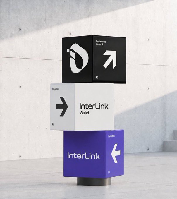 A 3D rendering shows a stacked cube sign installation against a concrete wall, featuring branding for 'InterLink Wallet' alongside directional arrows and conference room signs.
