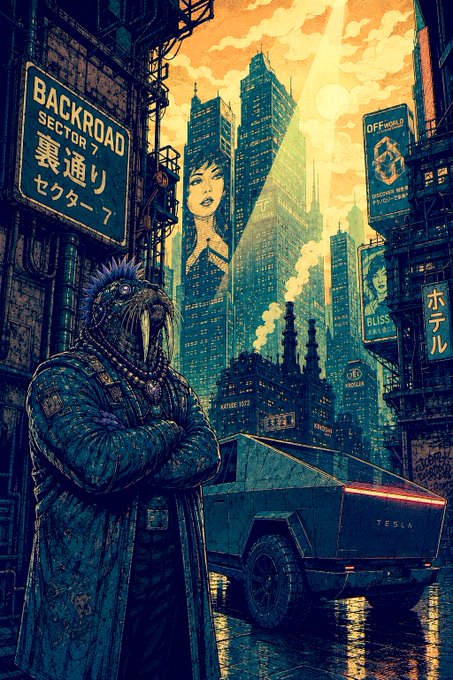 A cyberpunk-style illustration of a masked figure in a long coat standing next to a Tesla Cybertruck in a futuristic cityscape with neon signs reading 'BACKROAD SECTOR 7' and 'BLISS HOTEL' alongside Japanese characters.