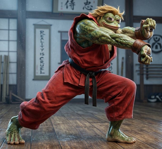 A digitally rendered anthropomorphic toad character in a red gi and black belt takes a martial arts stance in a traditional Japanese dojo setting.