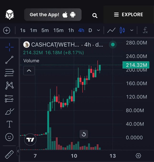 The image displays a 4-hour candlestick chart of the $CASHCAT/WETH trading pair, showing a strong upward trend with the price reaching a new all-time high of 214.32M (a +8.17% gain), breaking well above the 200M FDV zone referenced in the post. The chart's dramatic green breakout candle visually confirms the post's excitement about CASHCAT's continued price surge and ATH-breaking momentum.