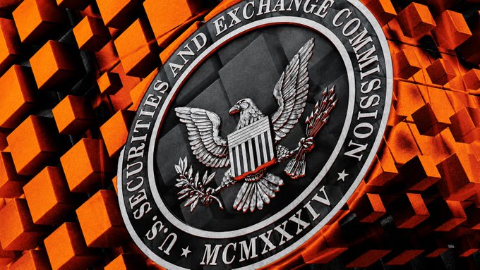 The image shows the seal of the U.S. Securities and Exchange Commission (SEC) featuring an eagle with a shield, arrows, and olive branch, encircled by the text "U.S. SECURITIES AND EXCHANGE COMMISSION" and the Roman numerals "MCMXXXIV" (1934), set against a textured orange and black background. The seal visually represents the SEC's role in crypto regulation as referenced in the post about the agency moving forward with rulemaking under existing authority despite the Clarity Act's failure.