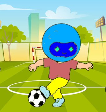 A cartoon illustration of a blue-headed character in a red shirt and yellow shorts playing with a black and white soccer ball on a green field.