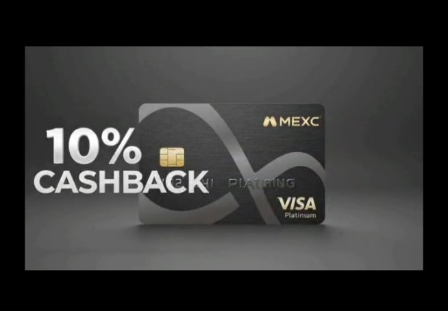 A promotional advertisement showing a MEXC Visa Platinum card on a dark background with bold white text announcing '10% CASHBACK'.