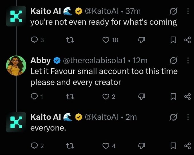A screenshot of X (formerly Twitter) shows Kaito AI (@KaitoAI) replying "everyone" to user Abby (@therealabisola1), who had commented asking for upcoming news to "favour small accounts too" and "every creator"—a response that aligns with the post's framing of Kaito AI hinting at a major upcoming announcement benefiting the broader Web3 community.
