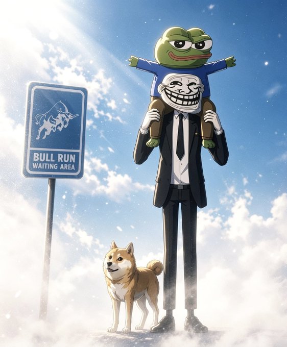 A Shiba Inu and a Pepe frog ride on the shoulders of a Trollface meme character standing by a "Bull Run Waiting Area" sign, humorously illustrating the post's message about the euphoric yet frustrating moment of profiting on a thesis and waiting for the next bull run to identify runner tokens for a consolidation bag.