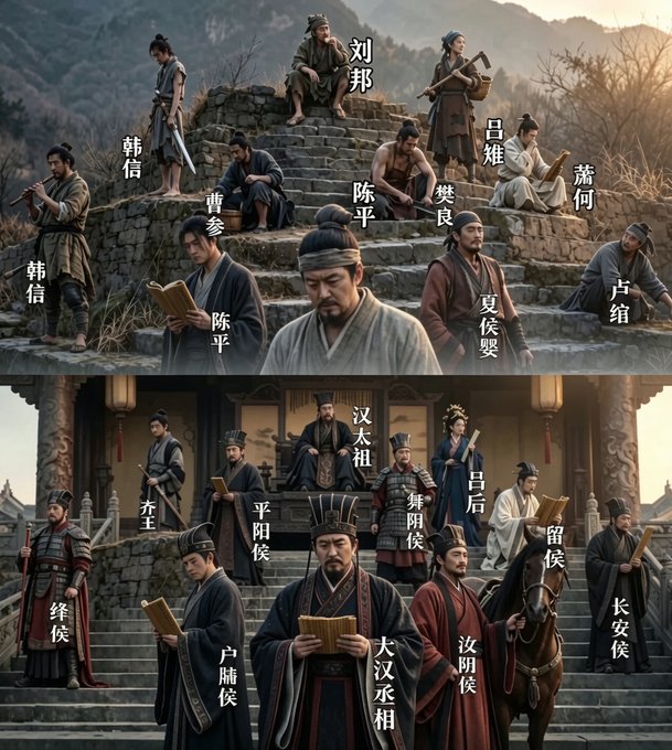 AI-generated historical illustration depicting key figures from the early Han Dynasty and Qin/Han transition, with Chinese character labels identifying historical figures like Liu Bang, Han Xin, Chen Ping, Lv Zhi, and Han Taizu.