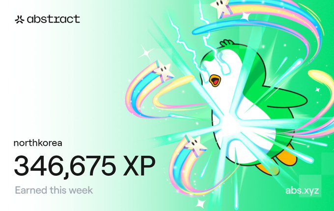 The image features a cartoon penguin with a rainbow-colored body and wings, surrounded by colorful stars and lightning bolts. The background of the image is green, which complements the penguin's vibrant colors. In the bottom right corner of the image, there is text that reads "Happy XP Day! Week 70 XP: 346,675 A solid week overall. I'm already about halfway to Ethereal, so it' s exciting to see the progress adding up week by week." The post also includes a link to the website Abstract Chain for more information and updates on the XP challenge.