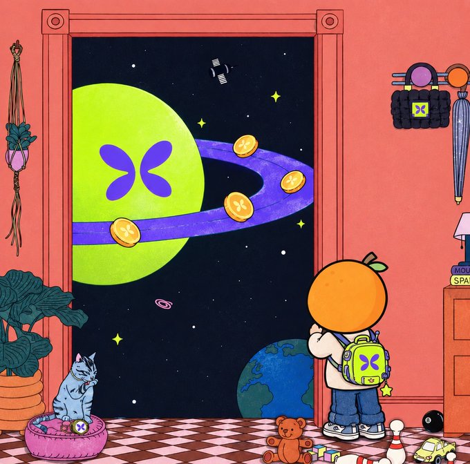 An illustrated scene of a child with an orange backpack looking through a doorway into space, where a green planet features a butterfly logo surrounded by gold coins.