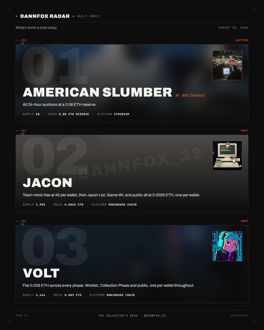 A 'DANNFOX RADAR' daily index page for August 31, 2026, listing three crypto/NFT items: 'AMERICAN SLUMBER' by odeltasauce (0.08 ETH on Ethereum), 'JACON' (0.0026 ETH on Rosewood Chain), and 'VOLT' (0.009 ETH on Rosewood Chain).