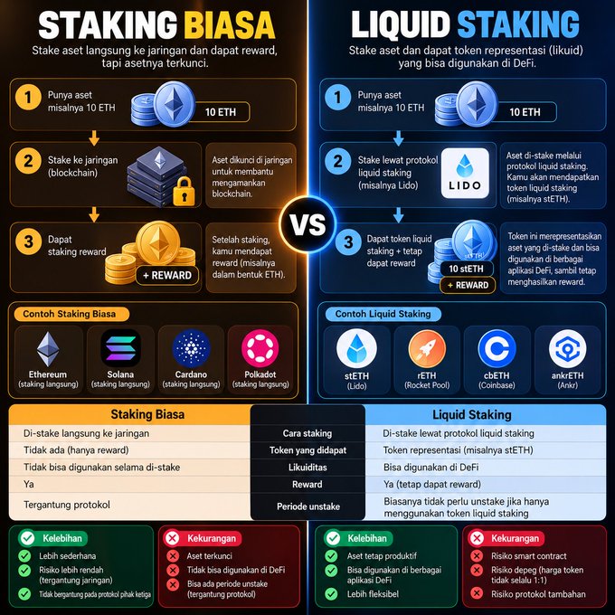 An Indonesian infographic compares "STAKING BIASA" (Traditional Staking) and "LIQUID STAKING" using diagrams of assets like Ethereum, Solana, and Cardano, outlining the pros and cons of each method.
