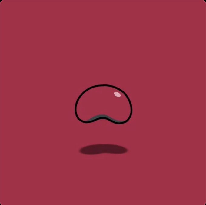 A small pink/red blob-like cartoon character with a white highlight floats against a darker pink background, casting a shadow below.