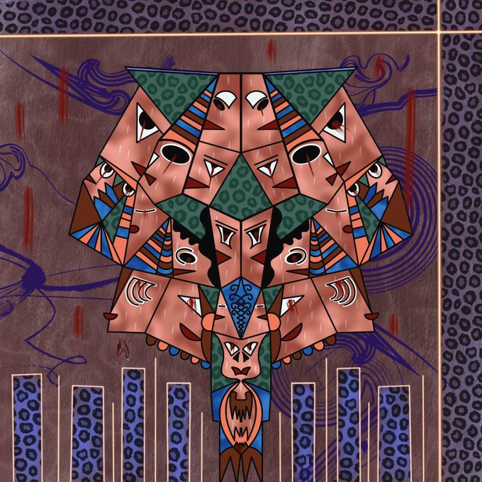 A colorful, symmetrical geometric illustration featuring multiple stylized faces in pink, green, and blue tones, with rain-like streaks and purple swirling patterns on a mauve background.
