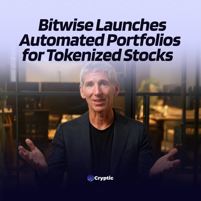 The image features a man with gray hair wearing a dark blazer over a black shirt, standing with his arms open in a welcoming gesture. The headline reads "Bitwise Launches Automated Portfolios for Tokenized Stocks" with a "Cryptic" logo at the bottom, illustrating the announcement of Bitwise's new automated portfolios for tokenized stocks available through self-custody wallets.