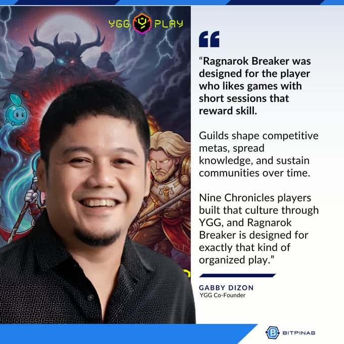 The image features a man wearing a black shirt with a smiley face on it, who appears to be a game developer or publisher. The text in the image reads "READ: The statement of @YieldingGuild Games co-founder Gabby Dizon ( @gabusch ) as the organization' s game publishing division, @YGG_Play , announces the pre-registration for the upcoming web-based title, Ragnarok Breaker". This post is about a video game called "Jungles" and it seems to be related to the gaming industry.