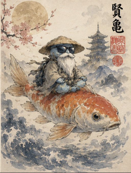 A watercolor-style painting shows an old man with a white beard wearing sunglasses and a conical hat, riding a large orange koi fish through waves, with a pagoda, cherry blossoms, and a full moon in the background, along with Chinese characters and a red seal.