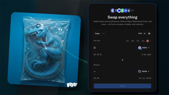 A promotional image showing a blue dinosaur toy in plastic packaging on the left, connected by a laser to a mobile swap interface on the right for trading tokens across Ethereum, Solana, Base, and Robinhood Chain.