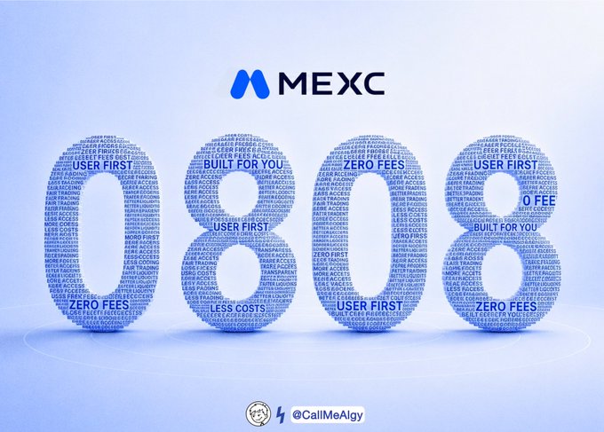 The image displays the MEXC logo above four "08" numerals stylized as word clouds containing phrases like "USER FIRST," "ZERO FEES," "MORE ACCESS," and "BUILT FOR YOU," reinforcing the post's message about MEXC's user-centric, zero-fee philosophy where 08 represents the foundation of their platform's values.