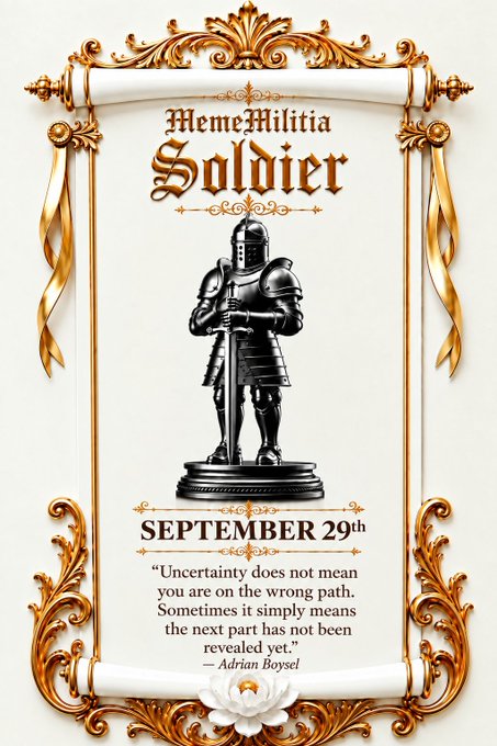 An ornate scroll-style poster titled 'MemeMilitia Soldier' dated 'SEPTEMBER 29th' displays a knight figurine and a quote by 'Adrian Boysel' about uncertainty revealing the next path.