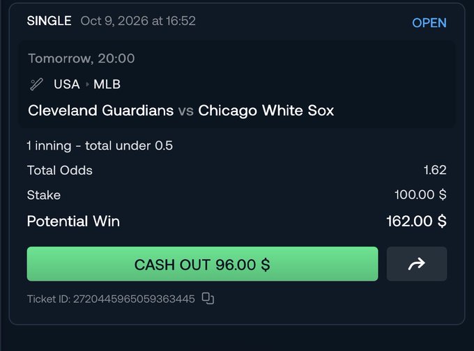 A sports betting interface showing a single bet for 'Cleveland Guardians vs Chicago White Sox' (USA MLB) with a stake of $100.00, potential win of $162.00, and a cash out option of $96.00.
