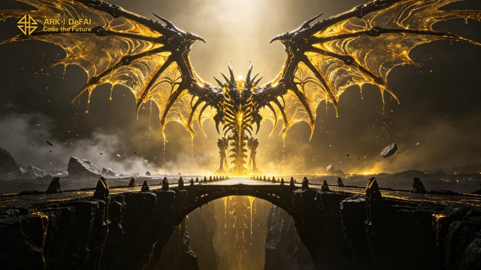 A dramatic fantasy artwork depicts a massive golden skeletal dragon with spread wings emerging from flames, with small silhouetted figures standing on a stone bridge beneath it; text in the upper left reads 'ARK | DaFAI - Code the Future'.