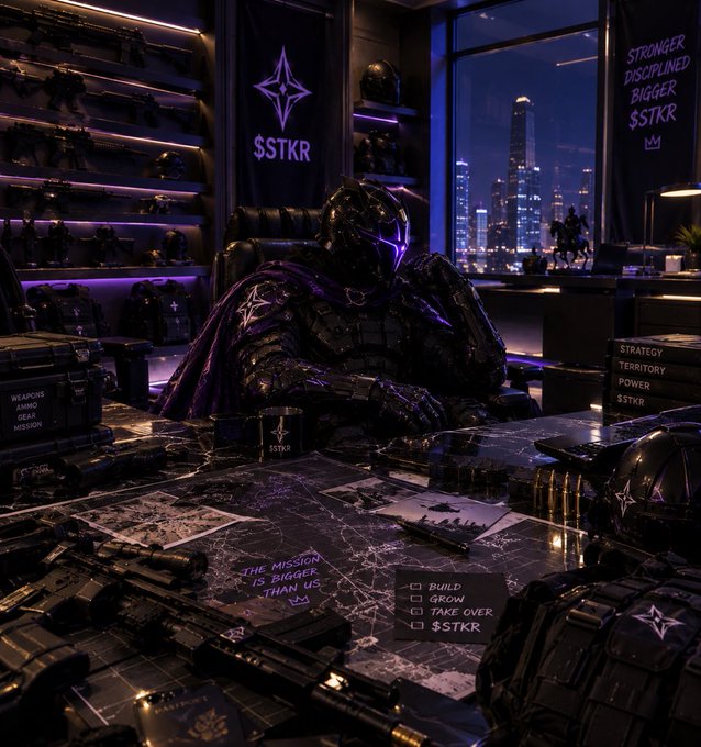 A dark, cyberpunk aesthetic digital artwork featuring an armored character seated at a desk in a purple-lit room, surrounded by tactical gear, weapons, and banners displaying the text '$STKR', 'STRONGER DISCIPLINED BIGGER $STKR', 'THE MISSION IS BIGGER THAN US', and checklists labeled 'STRATEGY', 'TERRITORY', 'POWER', 'BUILD', 'GROW', 'TAKE OVER'.
