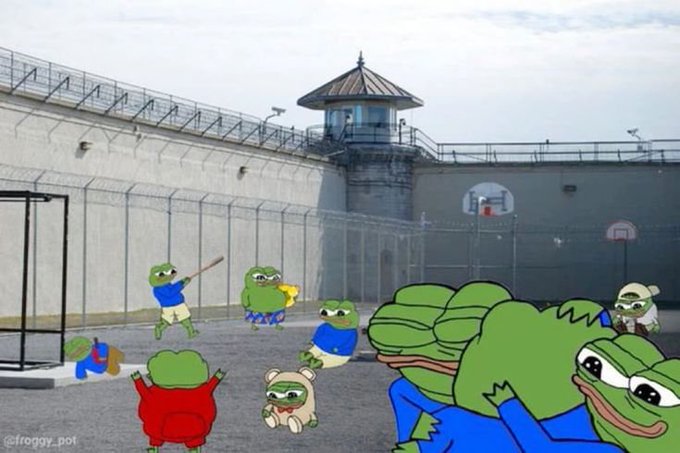 An edited/meme image showing cartoon Pepe the Frog characters placed into a prison yard scene with guard towers and fencing, credited to "@froggy.pot".