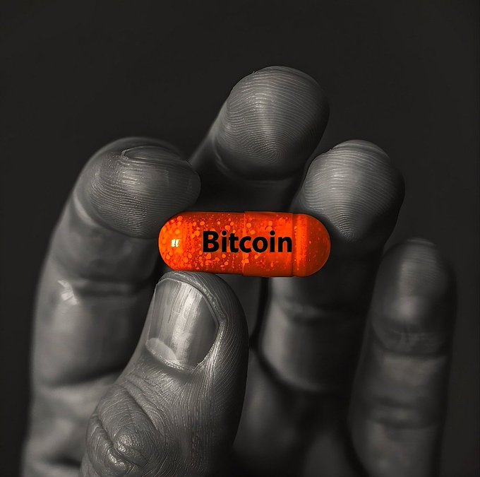 A grayscale hand holds up a vibrant red pill labeled "Bitcoin" between its fingers, evoking a Matrix-style "red pill" moment. The image visually reinforces the post's claim that **$BTC** is the key to understanding the entire crypto narrative.