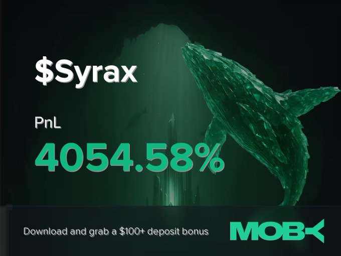 A promotional graphic for Moby features a glowing green whale against a dark underwater backdrop, prominently displaying the ticker "$Syrax" alongside an impressive PnL of "4054.58%." The bottom banner invites viewers to "Download and grab a $100+ deposit bonus," visually celebrating the trader win alert highlighted in the post.