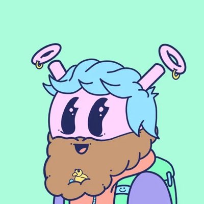 An illustration features a pink-faced character with blue hair, a brown beard holding a small yellow duck, wearing a green and purple hoodie with halo-like rings above its head.