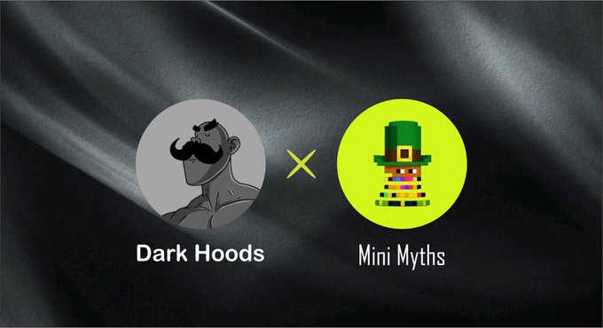 A promotional graphic showing a collaboration between "Dark Hoods" (featuring a mustachioed character) and "Mini Myths" (featuring a pixelated leprechaun character) separated by an 'X'.