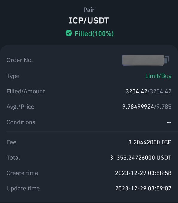 A screenshot of a filled ICP/USDT buy order confirmation showing 3,204.42 ICP purchased at an average price of $9.78 for a total of 31,355.25 USDT on December 29, 2023, serving as documentation for one of the trader's ICP purchases under $10 mentioned in the post.