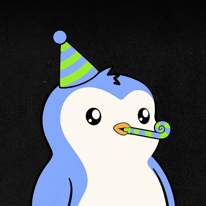 A cartoon penguin wearing a blue and green striped party hat blows a green and blue party horn, celebrating the fifth anniversary of Pudgy Penguins with festive flair.
