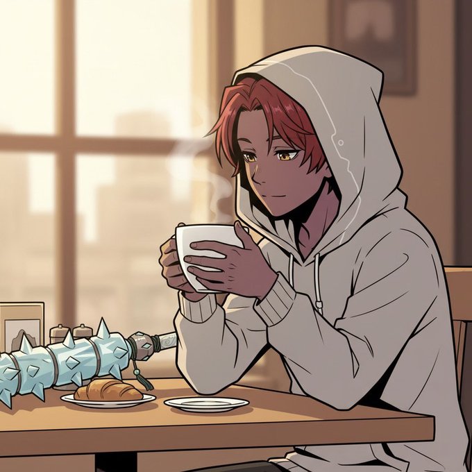An anime-style illustration shows a red-haired figure wearing a grey hoodie, holding a steaming cup with both hands at a wooden table. A croissant on a plate and an icy, crystal-like weapon rest beside them in a warmly lit room.