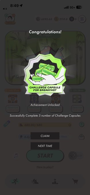 A STEPN app achievement notification celebrating the completion of 5 Challenge Capsules, featuring a green "CHALLENGE CAPSULE FOR BREAKFAST" badge and a "CLAIM" button. The post likely notes that STEPN counted the capsules toward the achievement even when no slot was available, humorously referencing "breakfast" as the 5th challenge completed.