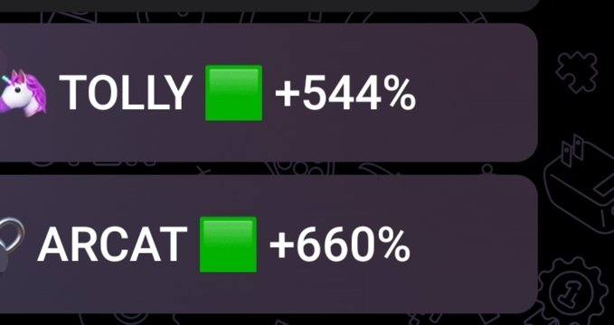 A trading screen displays 'TOLLY' with a green up arrow at +544% and 'ARCAT' with a green up arrow at +660%.
