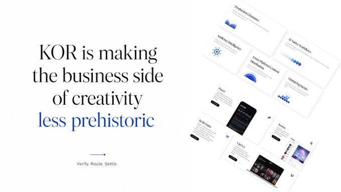 A marketing graphic for Kor Protocol featuring the tagline "KOR is making the business side of creativity less prehistoric" with the prompt "Verify, Route, Settle," displayed alongside a collage of interface mockups showing features like Production Clearance, AI Safeguard, Open Platform Licence, Global Payments, Trace, AI Mix Suite, and Remix. The image visually supports the post's message about Kor solving the chaotic back-end of creative rights management by showcasing the clean, organized platform that replaces messy spreadsheets with streamlined verification, routing, and payment tools.