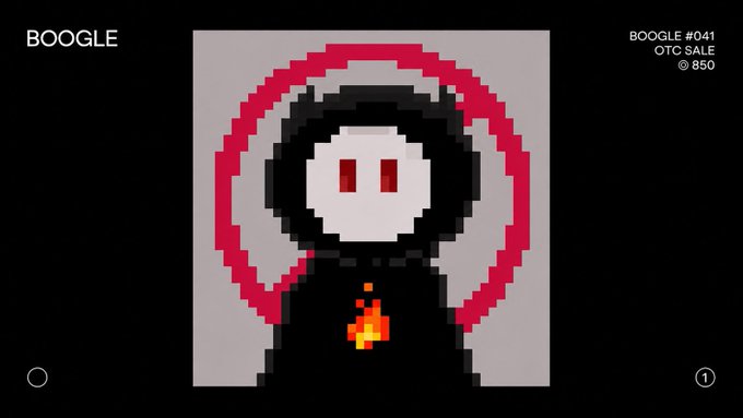The image displays BOOGLE #041, a pixel-art NFT featuring a hooded figure with a white face, red eyes, and a flame emblem, encircled by a red halo. The accompanying text confirms it was acquired for 850 SOL via an OTC sale, with the "OTC SALE" and "850" labels in the top right corner matching the post's details.