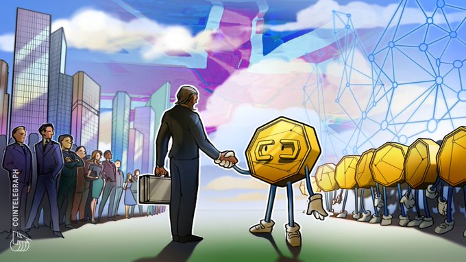 A Cointelegraph cartoon illustration depicting a businessman shaking hands with a golden hexagonal cryptocurrency token character, with a line of other token characters in the background against a blockchain-themed sky.