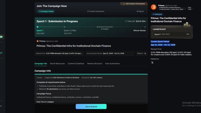 A screenshot of a crypto campaign platform titled 'Primus: The Confidential Infra for Institutional Onchain Finance', showing campaign info, rewards pool details, and a 'Join & Submit' button.