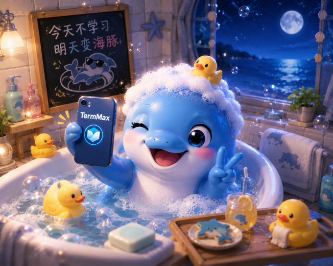 The image features a blue cartoon character sitting in a bathtub filled with bubbles, surrounded by various objects such as a cell phone, a cup of tea, and several rubber ducks. The scene appears to be set in a bathroom or a similar environment.