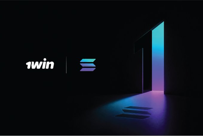 The image features the "1win" logo alongside a stylized "S" symbol (representing Solana) glowing in cyan and purple, with light streaming through a doorway onto a dark floor that reflects the symbol—visually reinforcing the announcement that 1win has chosen the Solana blockchain for its token, highlighting its speed, low cost, and high throughput.
