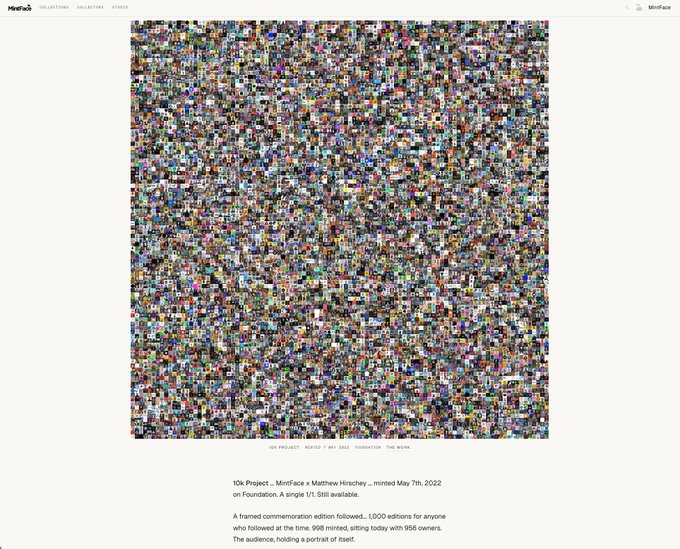 A screenshot displays '10K Project ... MetaFace' by Matthew Hirschey, a 1-of-1 NFT available on Foundation for $1,516.