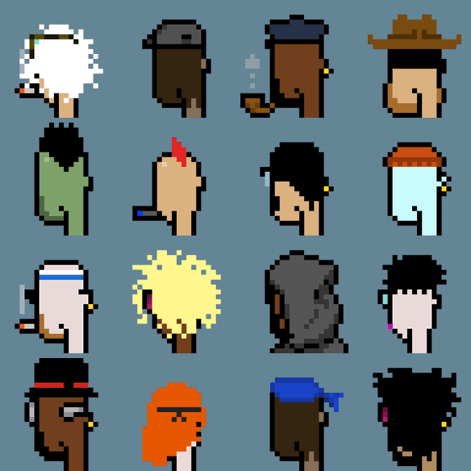 The image features a collection of twelve different cartoon-style heads, each with unique hairstyles and facial features. These characters are arranged in two rows against a blue background, creating an interesting visual contrast. The text "Happy Birthday Cryptopunks!" is written above the image, indicating that it's related to a birthday celebration or event for these characters.