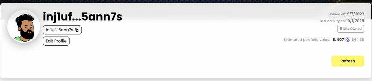 A user profile for 'injluf...5ann7s' shows a join date of 9/7/2023, last activity on 10/1/2026, 5 NFTs owned, and an estimated portfolio value of 8.407 Z.